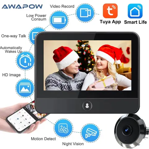 Awapow Tuya Smart Radar Door Peepholes Camera 2MP Wifi Video Doorbell PIR Motion Detection Mini Digital Eye Viewer Home Security
