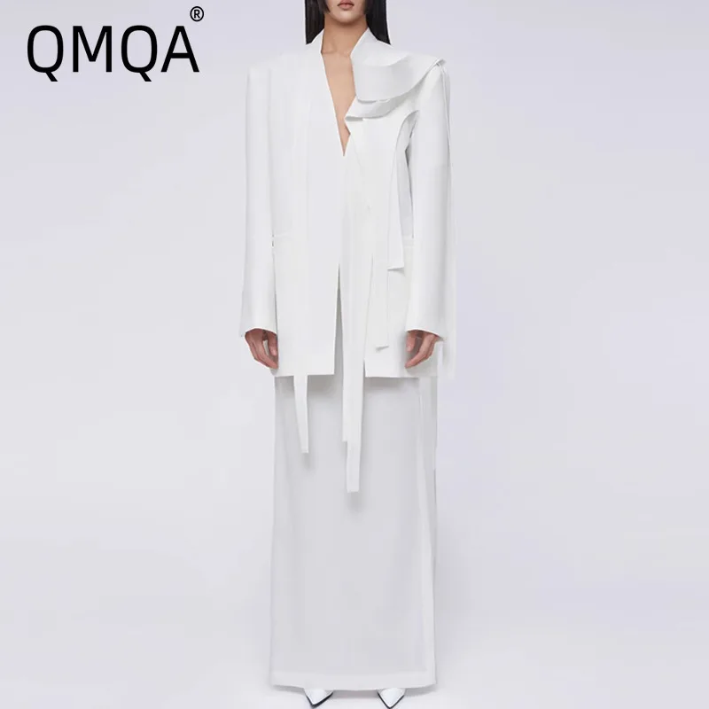 QMQA Модный женский дизайнерский комплект из 2 предметов, блейзер с длинными рукавами и нерегулярной лентой, юбки с высокой талией, осень 2023, QM779 
QMQA Модный женский дизайнерский комплект из 2 предметов, блейзер с длинными рукавами и нерегулярной лентой, юбки с высокой талией, осень 2023, QM779