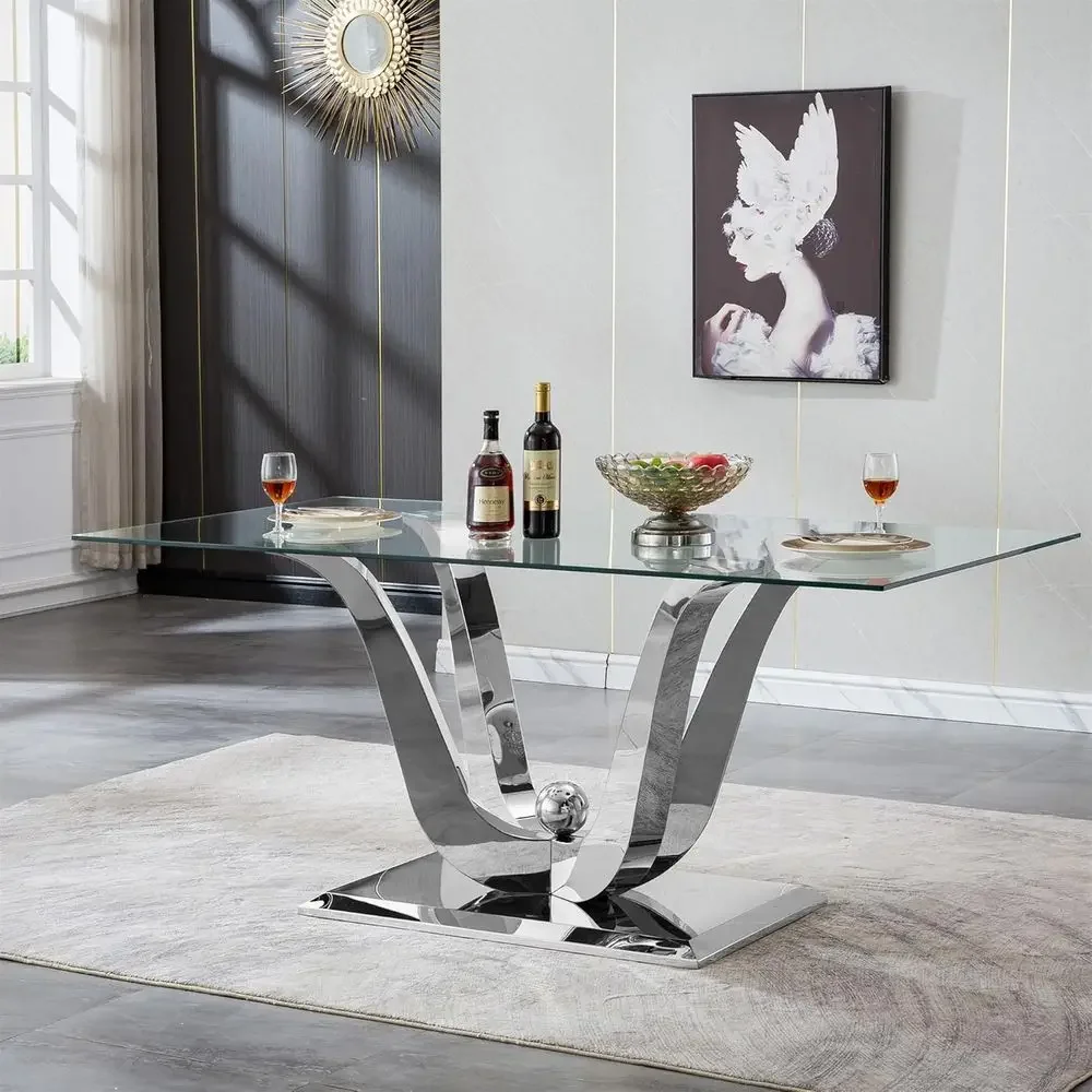 Elegant 70 Clear Glass Dining Table with Double U-Shape Stainless Steel Base for 6-8 People
Elegant 70 Clear Glass Dining Table with Double U-Shape Stainless Steel Base for 6-8 People