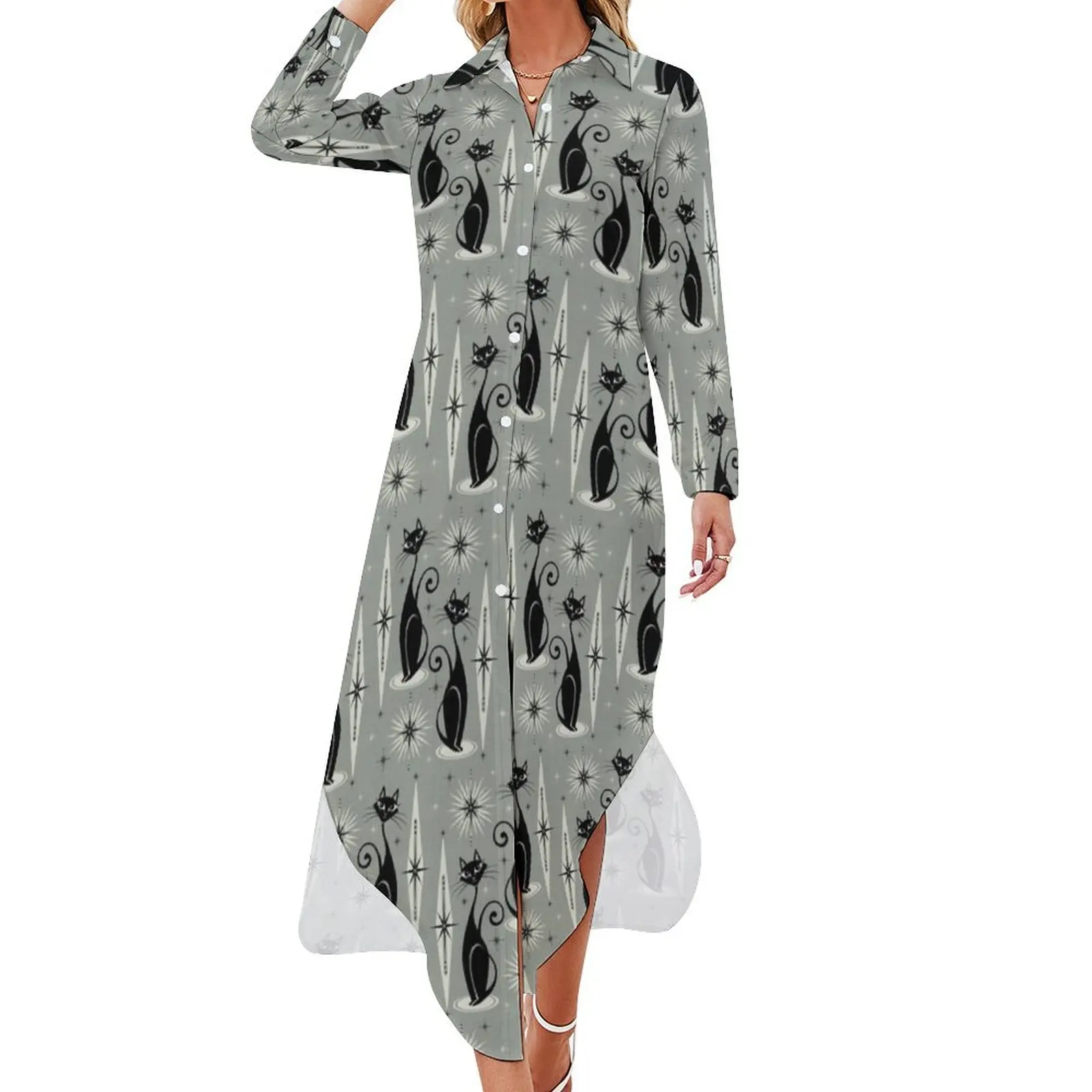 Mid Century Meow on Gray Long Sleeved Shirt Dress elegant dress evening dress Women's Woman clothing
Mid Century Meow on Gray Long Sleeved Shirt Dress elegant dress evening dress Women's Woman clothing