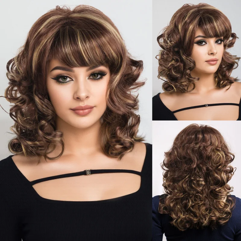 Women's wig with bangs, brown short curly hair, natural full headpiece for everyday wear
Women's wig with bangs, brown short curly hair, natural full headpiece for everyday wear