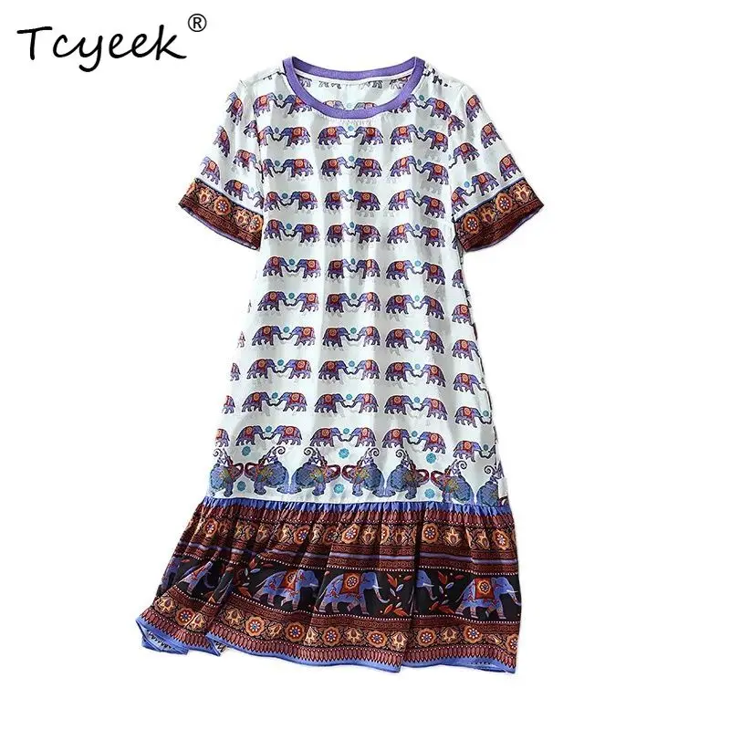 Tcyeek, 100%Real Silk Elegant Dresses, Women Short Sleeve O Neck Printed, Fashion Commute Vacation Dress, 2024 Summer D46419QC
Tcyeek, 100%Real Silk Elegant Dresses, Women Short Sleeve O Neck Printed, Fashion Commute Vacation Dress, 2024 Summer D46419QC