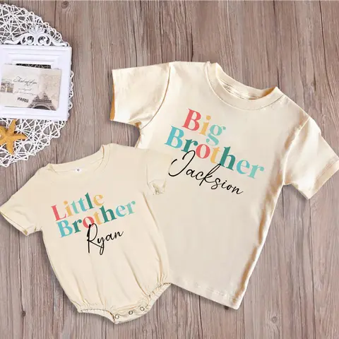 Personalized Big Brother Little Brother Print Family Matching Shirt Custom Boys Retro Sibling T-shirt Baby Large Bubble Romper