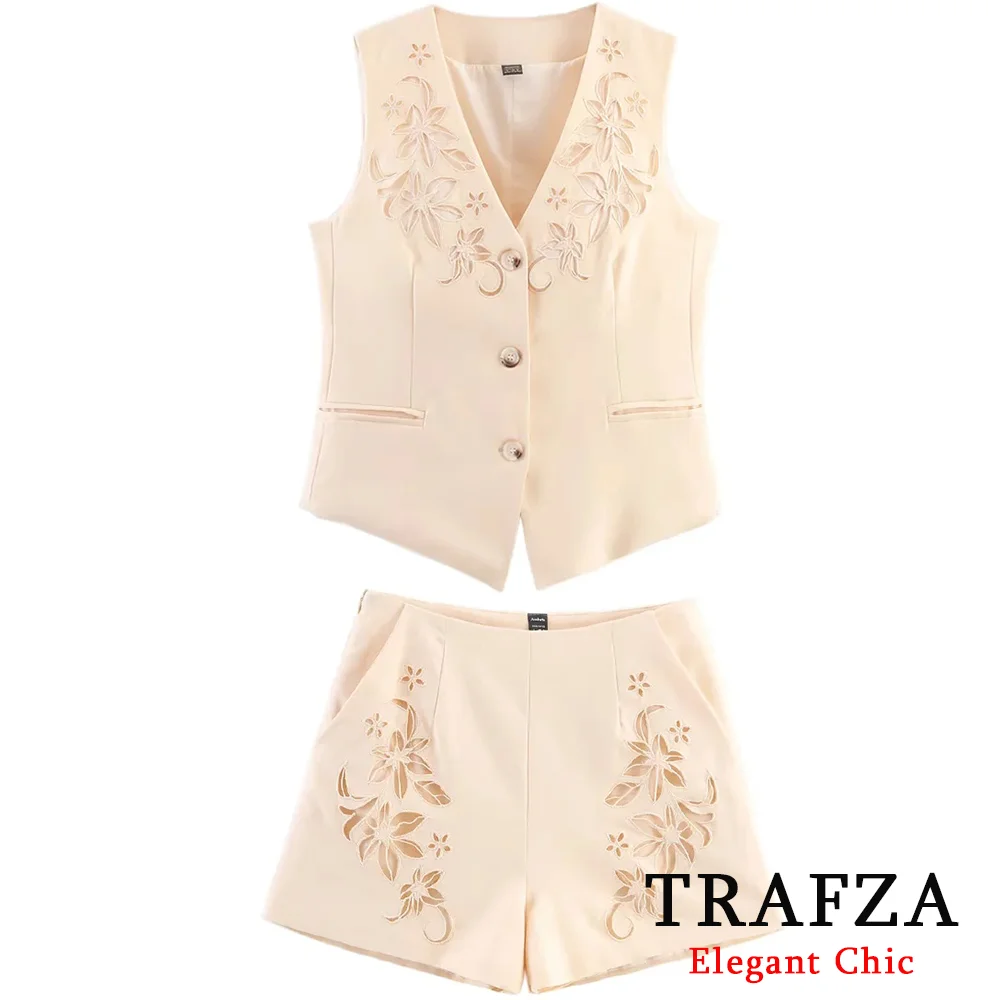 TRAFZA Women Luxury Embroidery Set Slim V-Neck Buttons Vest, Pockets Shorts 2025 Summer Elegant Vintage Casual Lady Shorts Set
TRAFZA Women Luxury Embroidery Set Slim V-Neck Buttons Vest, Pockets Shorts 2025 Summer Elegant Vintage Casual Lady Shorts Set