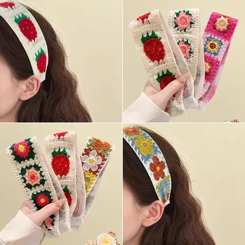 Retro Forest Style Hand Crochet Floral Hairbands Colorful Knitted Strawberry Wide Headband Vintage Women Casual Hair Accessories