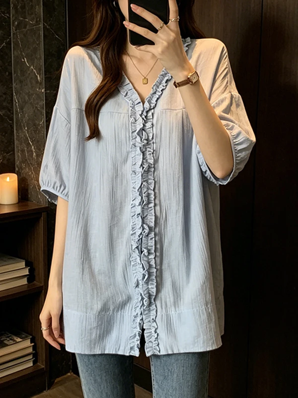 Loose Casual Summer Shirt plus Size V-Neck Short Sleeve Wooden Bump Cover Fashionable Women's Clothing Korean Style
Loose Casual Summer Shirt plus Size V-Neck Short Sleeve Wooden Bump Cover Fashionable Women's Clothing Korean Style