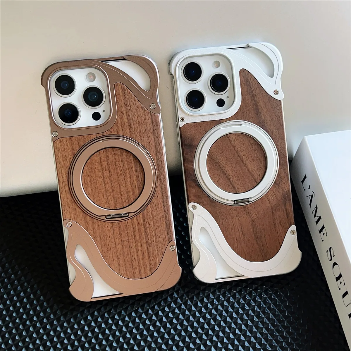 Natural Walnut Wood Case For iPhone 16 15 14 Pro Max Aluminum Alloy Frameless 360 Rotating Magnetic Ring Stand Cases Metal
Natural Walnut Wood Case For iPhone 16 15 14 Pro Max Aluminum Alloy Frameless 360 Rotating Magnetic Ring Stand Cases Metal