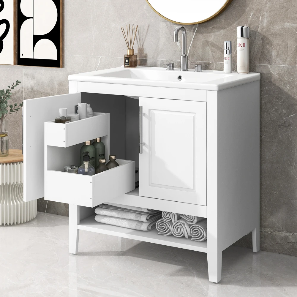 30" Bathroom Vanity Cabinet with Sink, Multi-functional Bathroom Cabinet with Doors and Drawers Solid Frame and MDF Board White
30" Bathroom Vanity Cabinet with Sink, Multi-functional Bathroom Cabinet with Doors and Drawers Solid Frame and MDF Board White