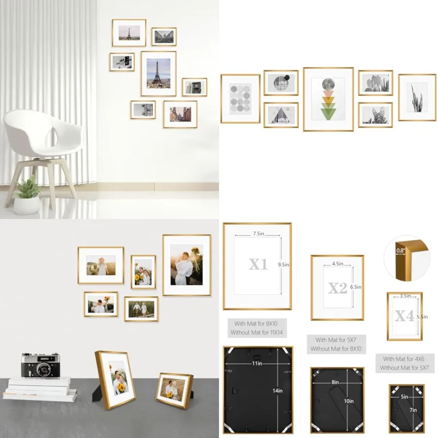 Aluminum Gallery Wall Frame Set of 7 - Includes One 11x14, Two 8x10, and Four 5x7 - Metal Frames with Mat & Real Glass Cover for Elegant Home or Office Decor (Style 2, Bronze)
Aluminum Gallery Wall Frame Set of 7 - Includes One 11x14, Two 8x10, and Four 5x7 - Metal Frames with Mat & Real Glass Cover for Elegant Home or Office Decor (Style 2, Bronze)