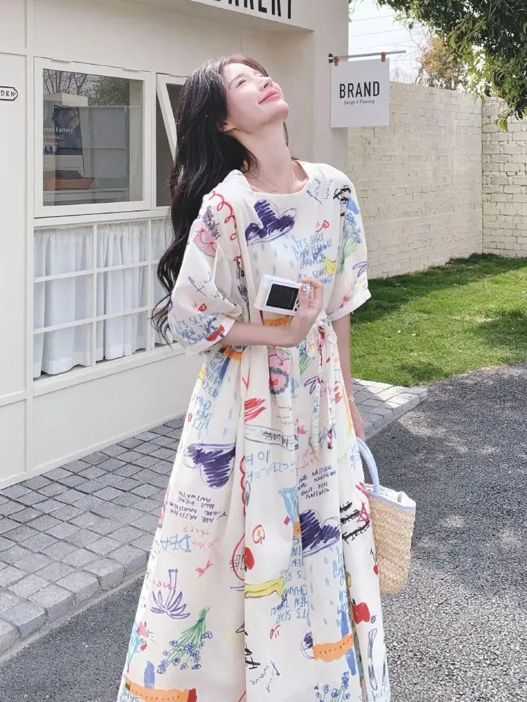 Loose A-Line Summer Dress Short Sleeve Comfortable Fit plus Size Women's Dress Korean Style Graffiti Print High Waist Long Dress
Loose A-Line Summer Dress Short Sleeve Comfortable Fit plus Size Women's Dress Korean Style Graffiti Print High Waist Long Dress