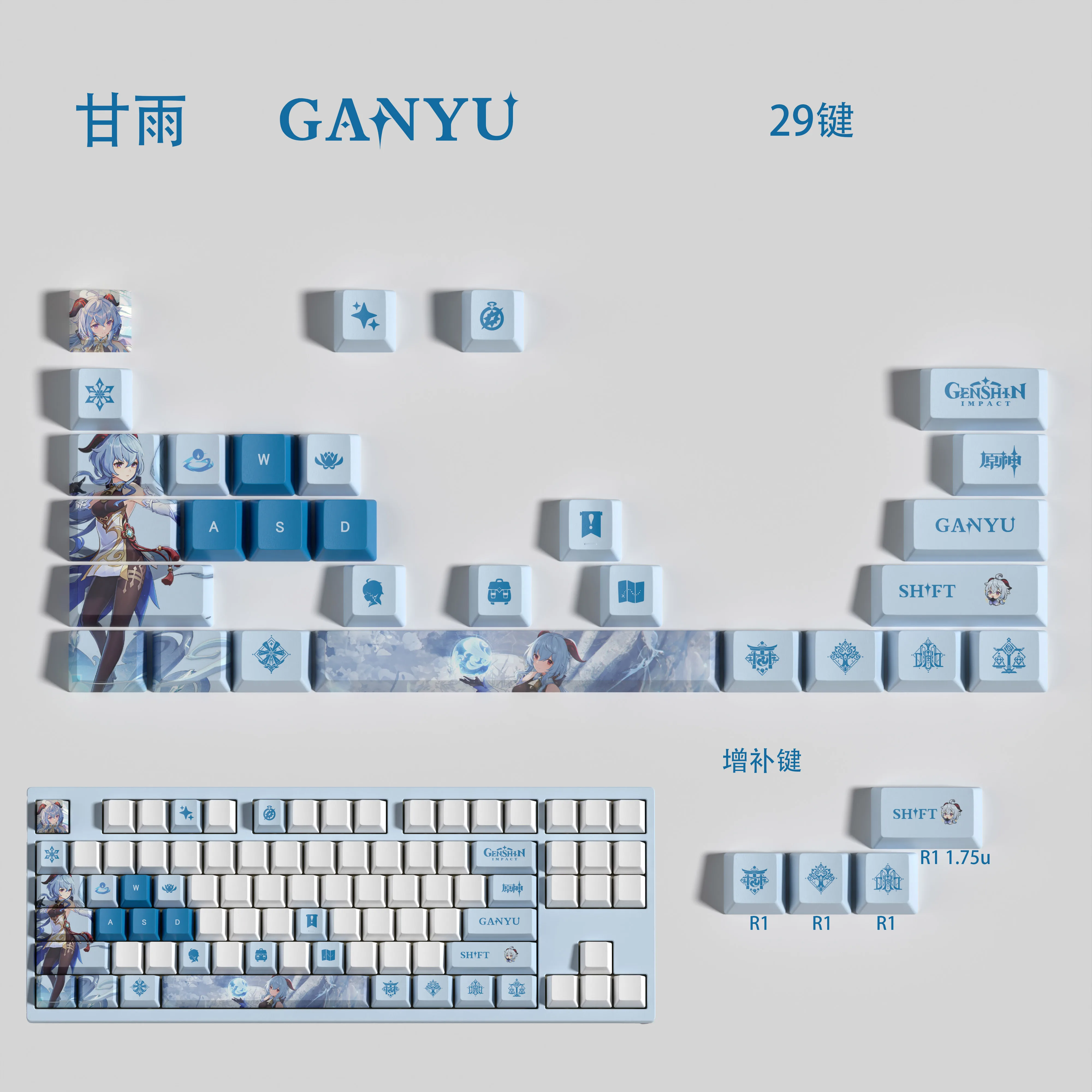 Genshin Impact Ganyu Key Caps 29 Key Set PBT Material Five sided Thermal Sublimation Process anime Key Cap 
Genshin Impact Ganyu Key Caps 29 Key Set PBT Material Five sided Thermal Sublimation Process anime Key Cap