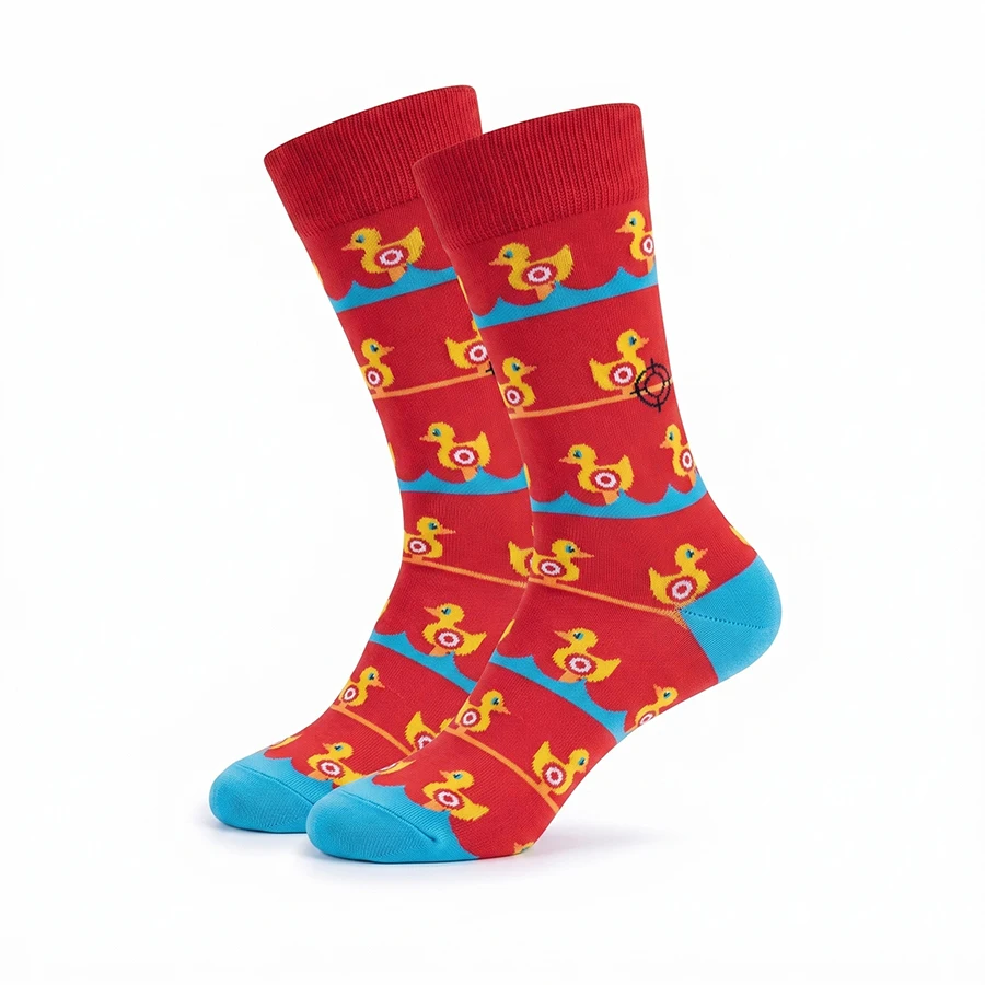 1 Pair of Unisex Socks with Red Bottoms, Yellow Ducks, and Blue Wave Patterns, Featuring Pure Red Ribbed Cuffs and Blue Toe Tips, Breathable, Fun, Mid-Calf Socks Suitable for Everyday Wear
1 Pair of Unisex Socks with Red Bottoms, Yellow Ducks, and Blue Wave Patterns, Featuring Pure Red Ribbed Cuffs and Blue Toe Tips, Breathable, Fun, Mid-Calf Socks Suitable for Everyday Wear