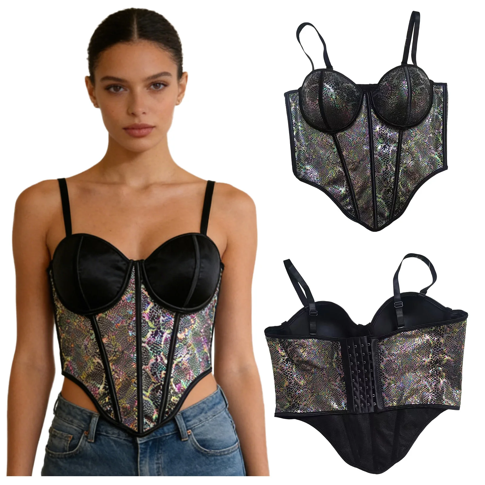 Women Wild Snake-skin Pattern Bustier Push-up Cup with Underwire Spaghett Strap Boned Corset Crop Top Camisole for Club Vacation
Women Wild Snake-skin Pattern Bustier Push-up Cup with Underwire Spaghett Strap Boned Corset Crop Top Camisole for Club Vacation