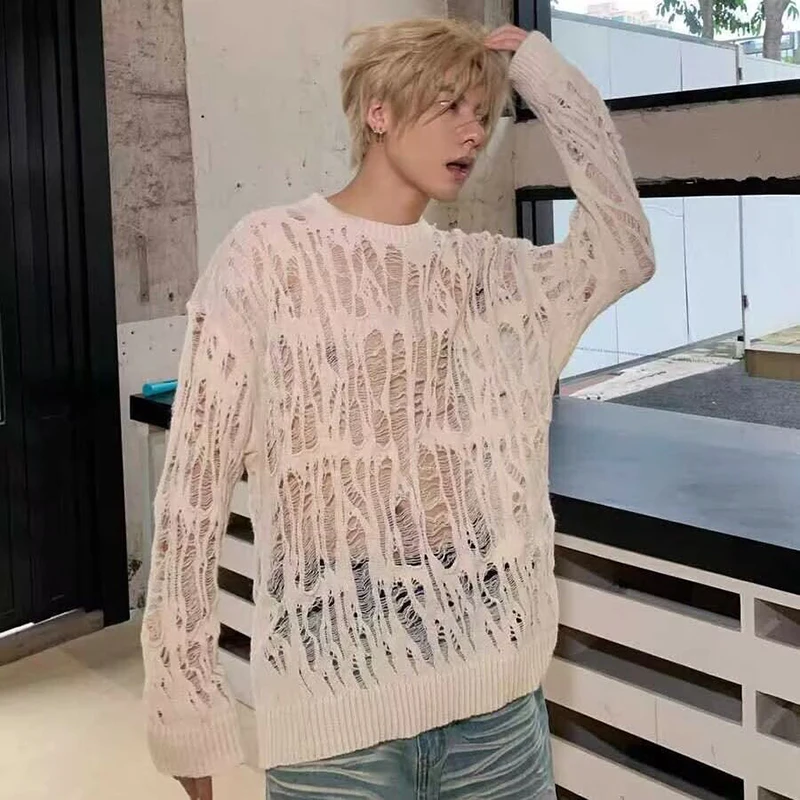 Fall Hollow Out Men O Neck Long Sleeve Knitted T Shirts Korean Fashion Punk Vintage Ripped Hole Loose Grunge Streetwear Unisex
Fall Hollow Out Men O Neck Long Sleeve Knitted T Shirts Korean Fashion Punk Vintage Ripped Hole Loose Grunge Streetwear Unisex