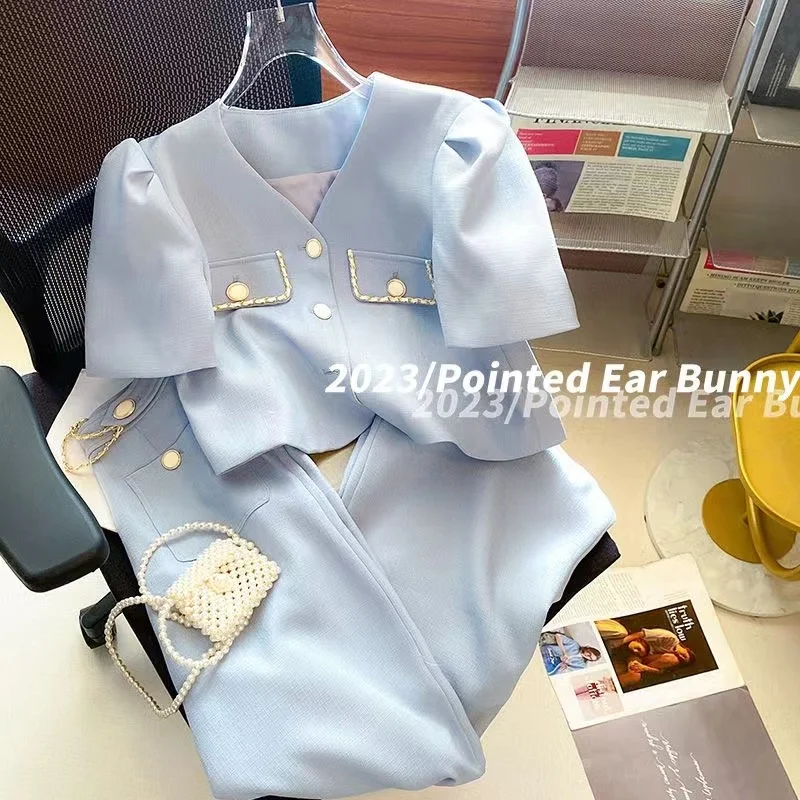 Women Fragrance Vintage Blue Pant Suit Shirt Top And Trousers Two Piece Set Summer Matching Outfit Ladies Formal Occasion Cloth
Women Fragrance Vintage Blue Pant Suit Shirt Top And Trousers Two Piece Set Summer Matching Outfit Ladies Formal Occasion Cloth