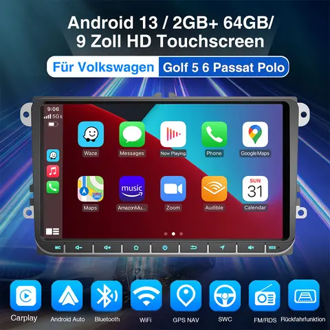 2 Din Carplay Android 13 For VW Golf 5 6 Polo 6R Touran Tiguan Navi 9" Car Radio GPS Multimedia Player WiFi FM DAB+