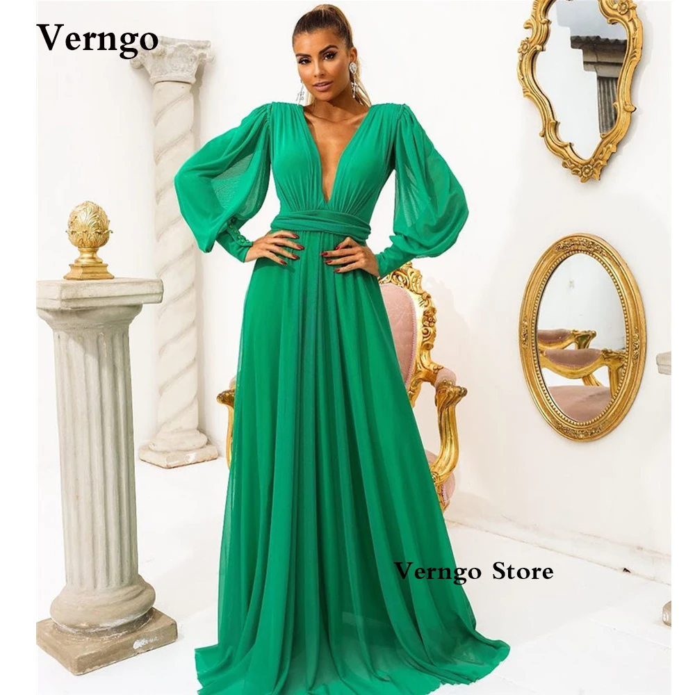 Verngo Simple Green Chiffon Evening Dresses Puffy Long Sleeves V Neck Floor Length Beach Formal Party Prom Dress Robe de soiree
Verngo Simple Green Chiffon Evening Dresses Puffy Long Sleeves V Neck Floor Length Beach Formal Party Prom Dress Robe de soiree