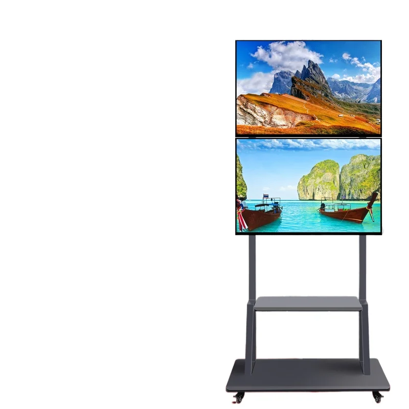 Upper and lower dual-screen TV bracket Floor-to-ceiling screen display stand Mobile cart to hang 2 shelves for two TVs
Upper and lower dual-screen TV bracket Floor-to-ceiling screen display stand Mobile cart to hang 2 shelves for two TVs