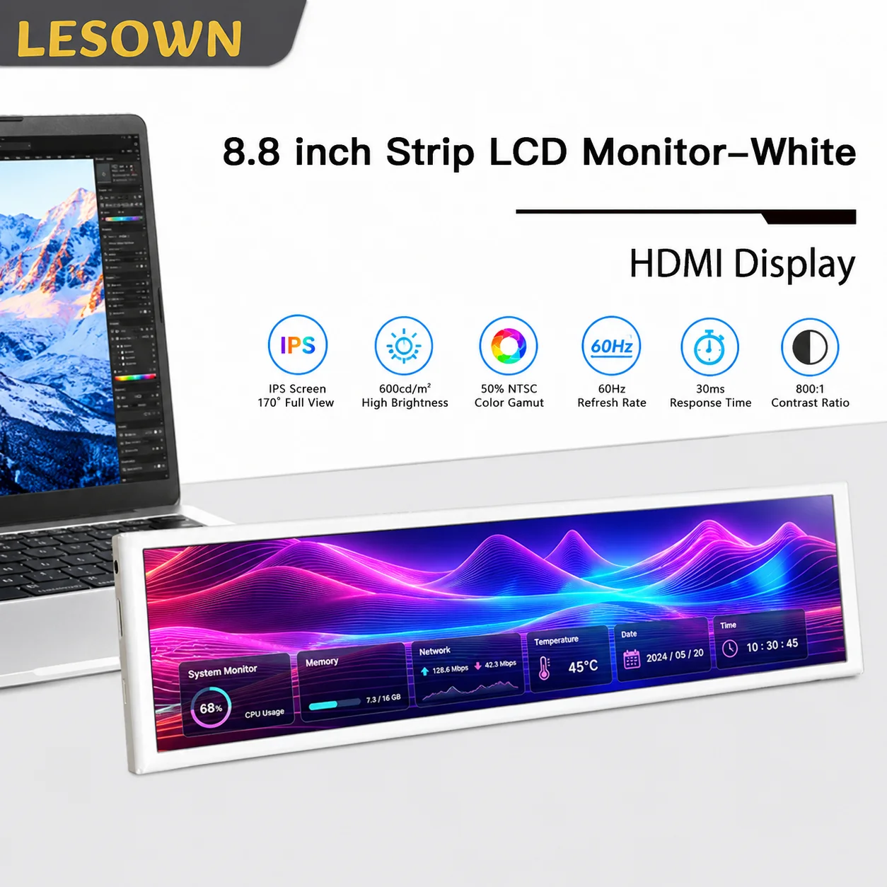 LESOWN Matte White 8.8" No Driver Needed Screen CPU RAM Monitor 1920x480 miniHDTV 60Hz
LESOWN Matte White 8.8" No Driver Needed Screen CPU RAM Monitor 1920x480 miniHDTV 60Hz