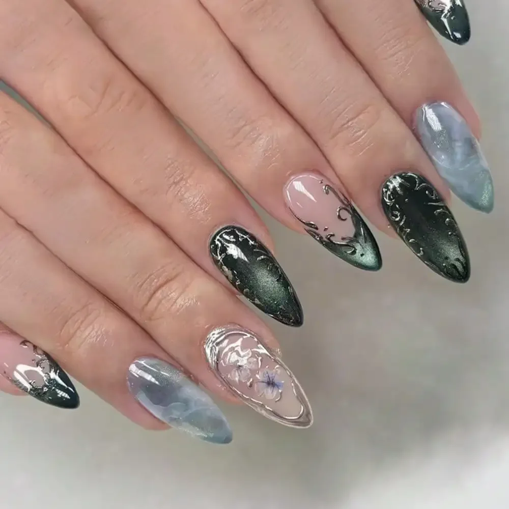 24Pcs Gothic Long Stiletto Green Marble Floral Cat Eye Press On Nails Dark Style DIY Manicure
24Pcs Gothic Long Stiletto Green Marble Floral Cat Eye Press On Nails Dark Style DIY Manicure