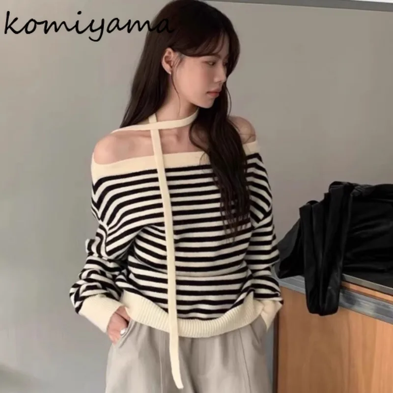 Stripe Knit Ropa Mujer Korean Autumn Winter Sweater Soft All-match Clothes Woman Slash Neck Pull Halter Ribbon Halter Tops
Stripe Knit Ropa Mujer Korean Autumn Winter Sweater Soft All-match Clothes Woman Slash Neck Pull Halter Ribbon Halter Tops