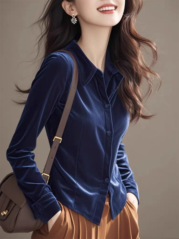 Elegant Unique Velvet Shirt Beautiful Dark Blue Fashionable High-End Top Commute Style Long Sleeve Collar Women's Shirt
Elegant Unique Velvet Shirt Beautiful Dark Blue Fashionable High-End Top Commute Style Long Sleeve Collar Women's Shirt