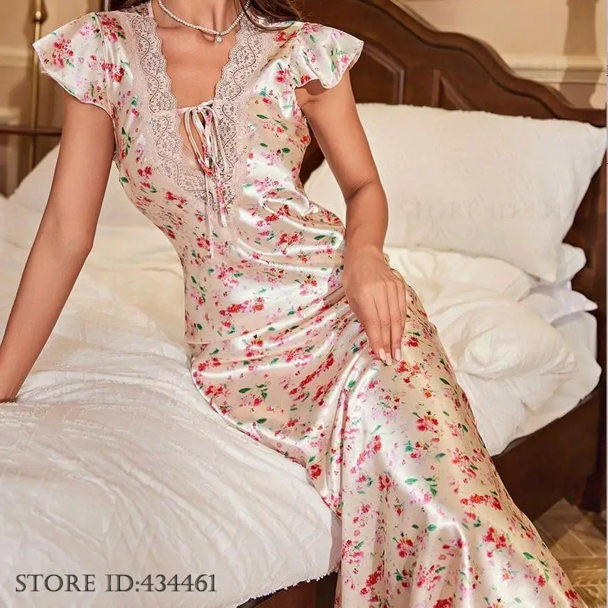 Print Flower Long Nightgown Sexy Deep V-Neck Nightdress Sleepwear Spring Summer New Nightwear French Court Style Home Clothes
Print Flower Long Nightgown Sexy Deep V-Neck Nightdress Sleepwear Spring Summer New Nightwear French Court Style Home Clothes