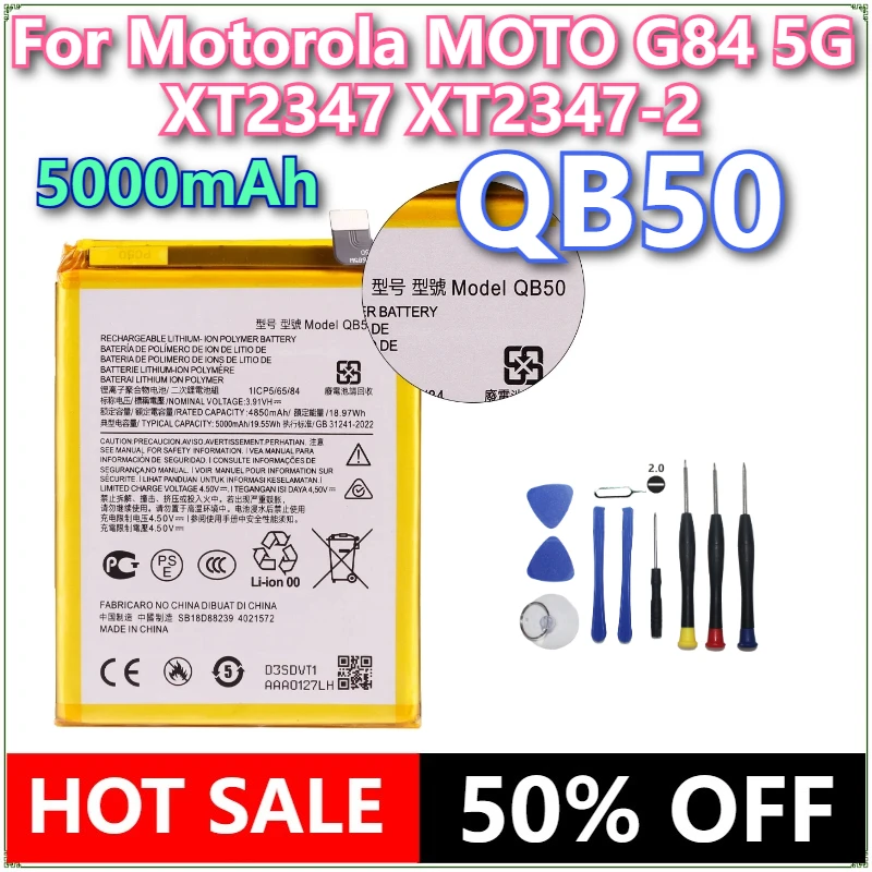 Brand New QB50 5000mAh Mobile Phone Battery For Motorola MOTO G84 5G XT2347 XT2347-2 Mobile phone Batteries+Tools
Brand New QB50 5000mAh Mobile Phone Battery For Motorola MOTO G84 5G XT2347 XT2347-2 Mobile phone Batteries+Tools