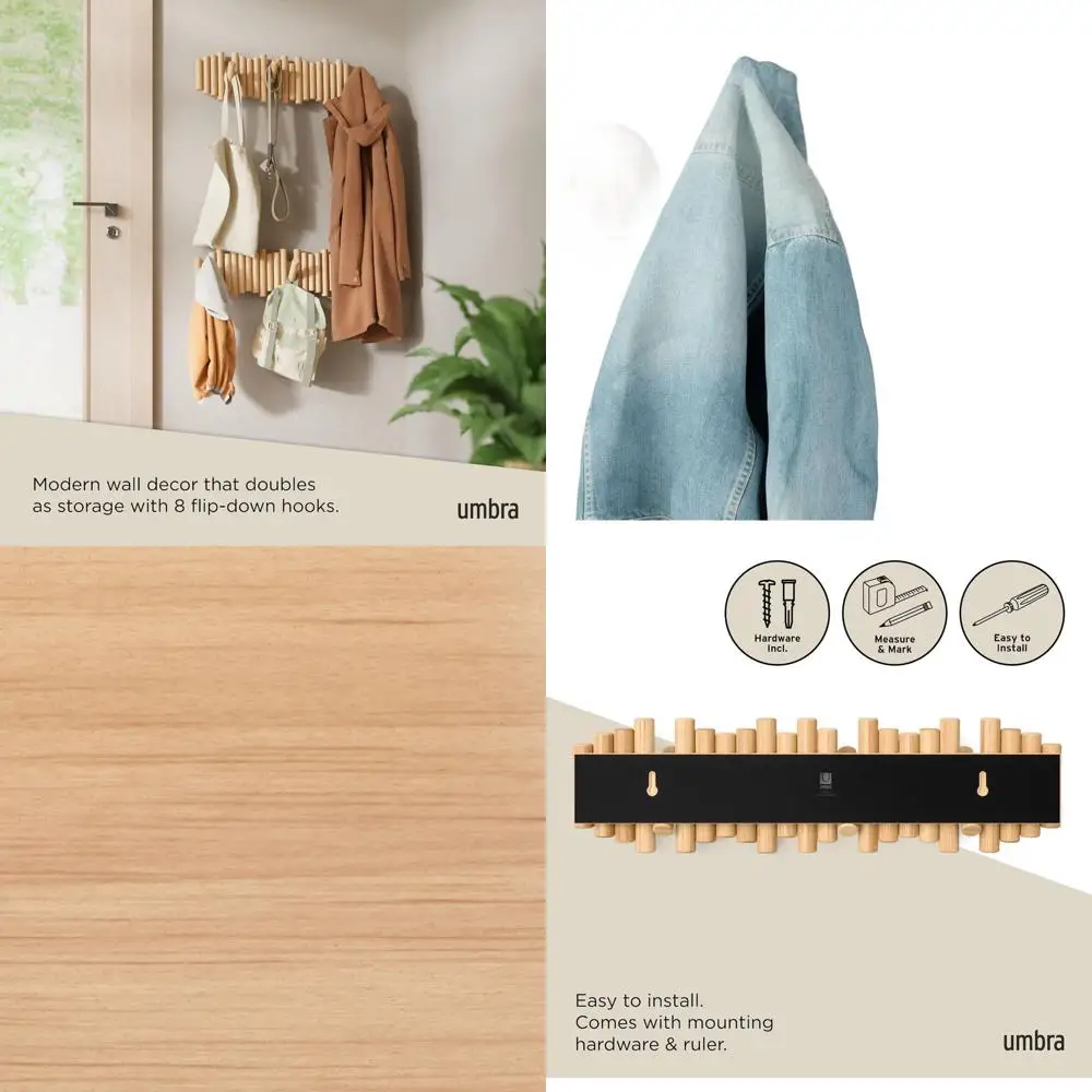 Natural Pine Wall-Mounted Coat Rack with 8 Flip-Down Hooks for Home Storage
Natural Pine Wall-Mounted Coat Rack with 8 Flip-Down Hooks for Home Storage