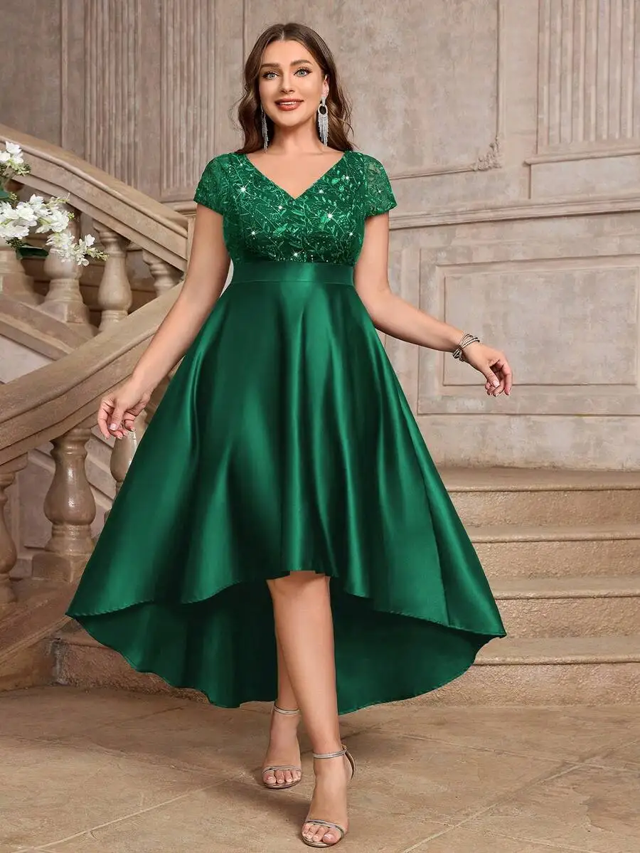 Plus Size V-Neck Sequin Embroidery Satin High-Low A-Line Formal Dress For Gala Wedding Guest
Plus Size V-Neck Sequin Embroidery Satin High-Low A-Line Formal Dress For Gala Wedding Guest