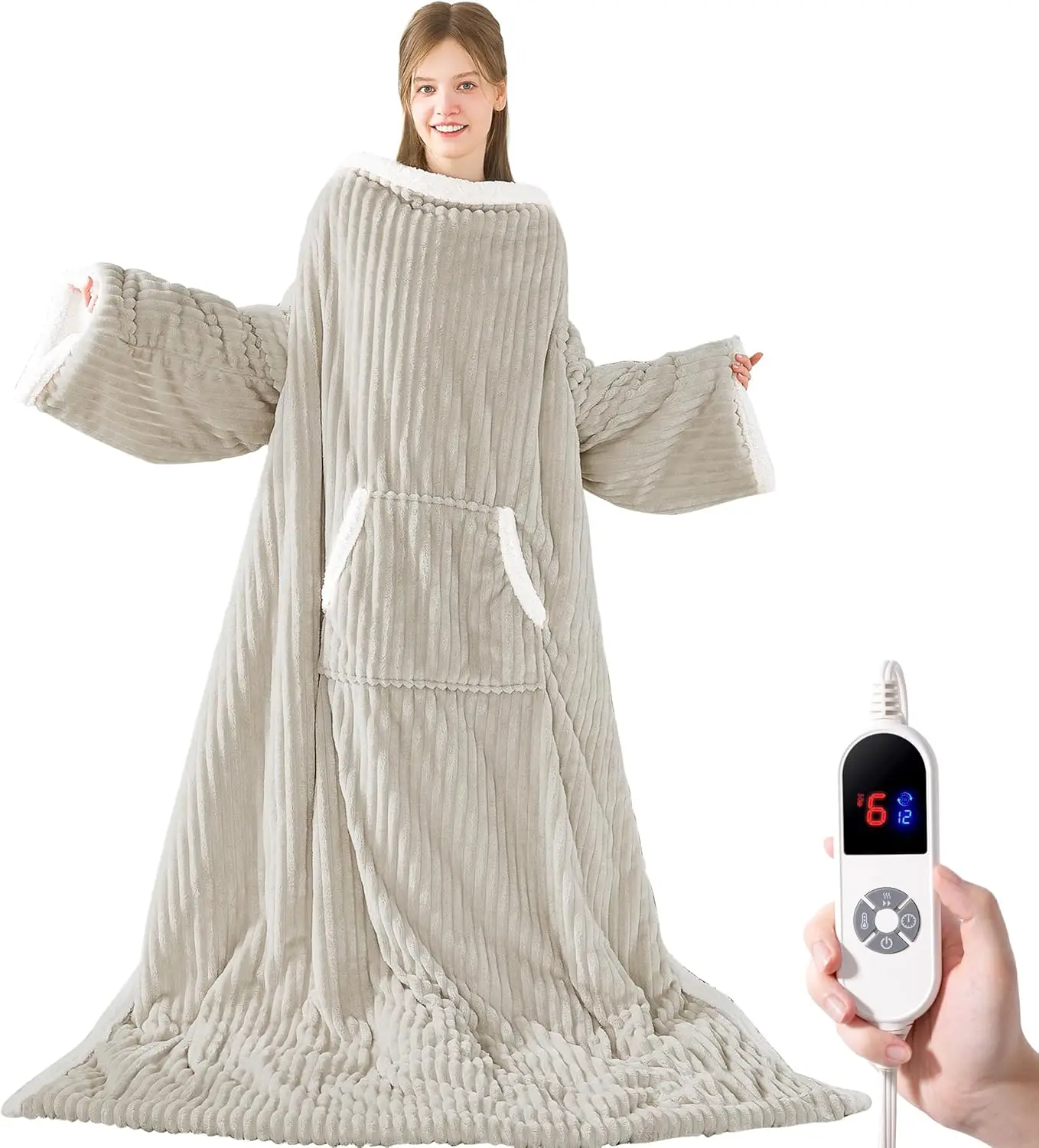 Электрическое одеяло из шерпа из флиса в полоску с рукавами, карманом для ног, регулируемыми уровнями нагрева и 12-часовым таймером, защита от перегрева 
Электрическое одеяло из шерпа из флиса в полоску с рукавами, карманом для ног, регулируемыми уровнями нагрева и 12-часовым таймером, защита от перегрева