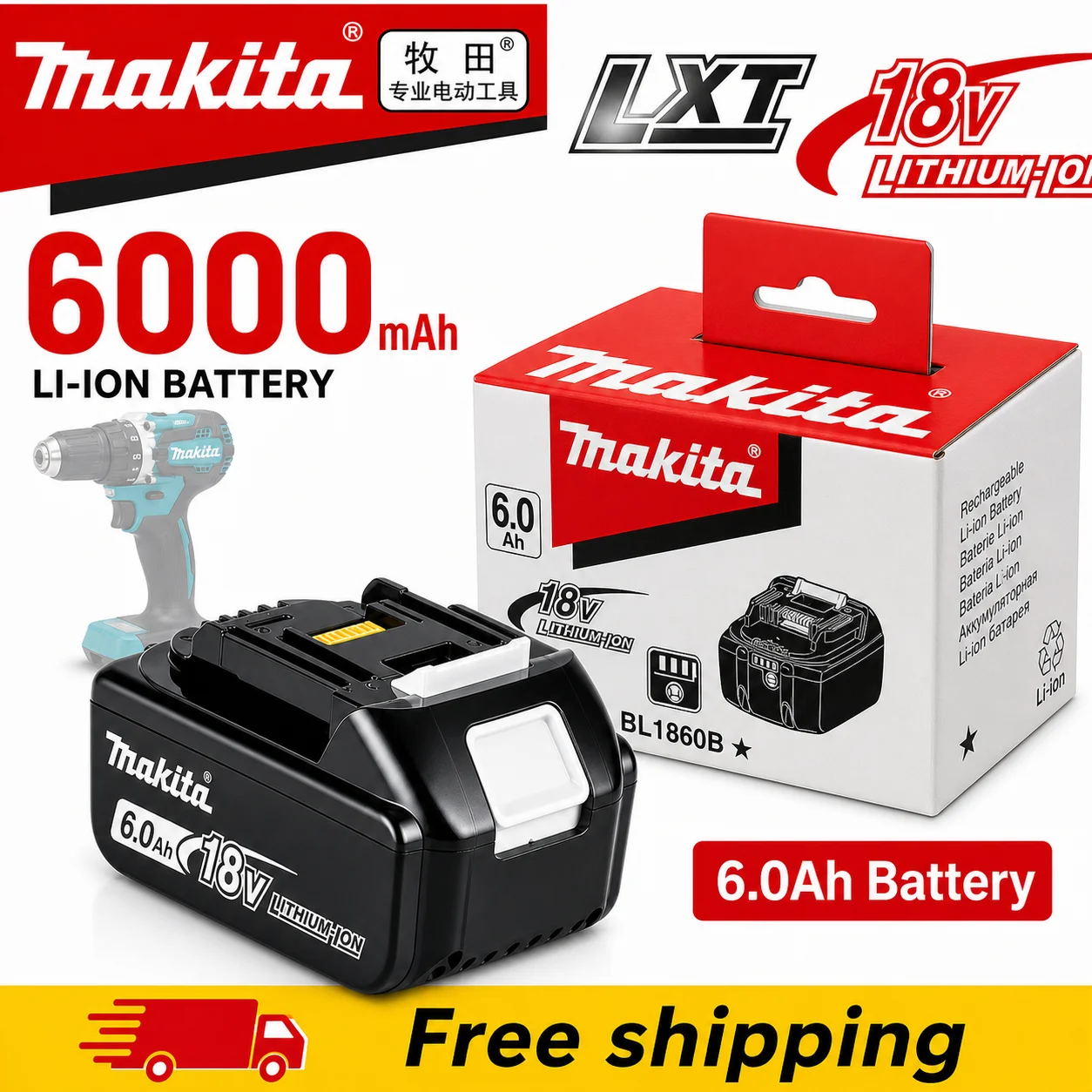 For Makita BL Series Cordless Tools, New Original 18V 6.0Ah Rechargeable LXT Replacement Battery BL1830 BL1840 BL1850 BL1860B
For Makita BL Series Cordless Tools, New Original 18V 6.0Ah Rechargeable LXT Replacement Battery BL1830 BL1840 BL1850 BL1860B