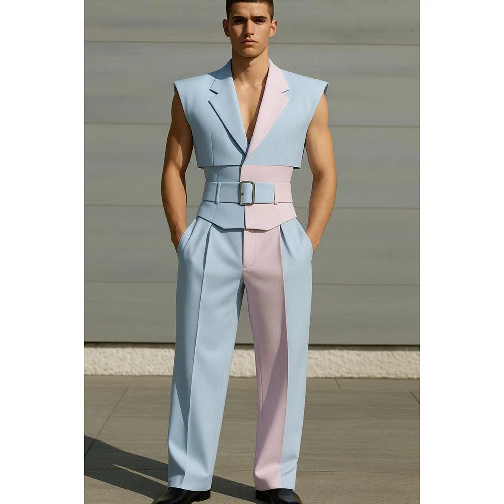 Fashion Blue Pink Men Suits Sleeveless V Neck 2 Pieces Jacket Pants High Quality Loose Notch Collar Banquet Celebrity Male
Fashion Blue Pink Men Suits Sleeveless V Neck 2 Pieces Jacket Pants High Quality Loose Notch Collar Banquet Celebrity Male