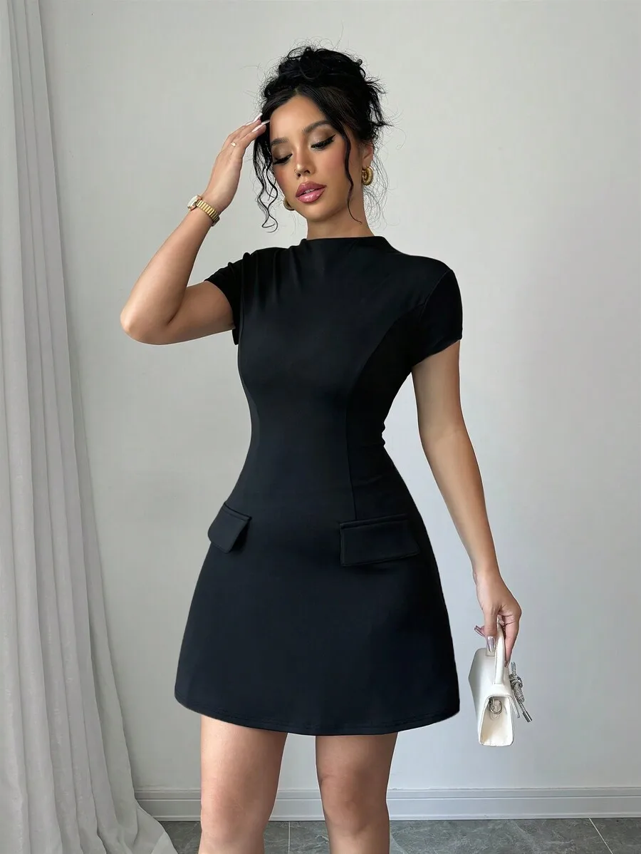 Women Solid Color Stand Collar Short Sleeve Faux Pocket Minimalist Mini Dress For Party Date
Women Solid Color Stand Collar Short Sleeve Faux Pocket Minimalist Mini Dress For Party Date
