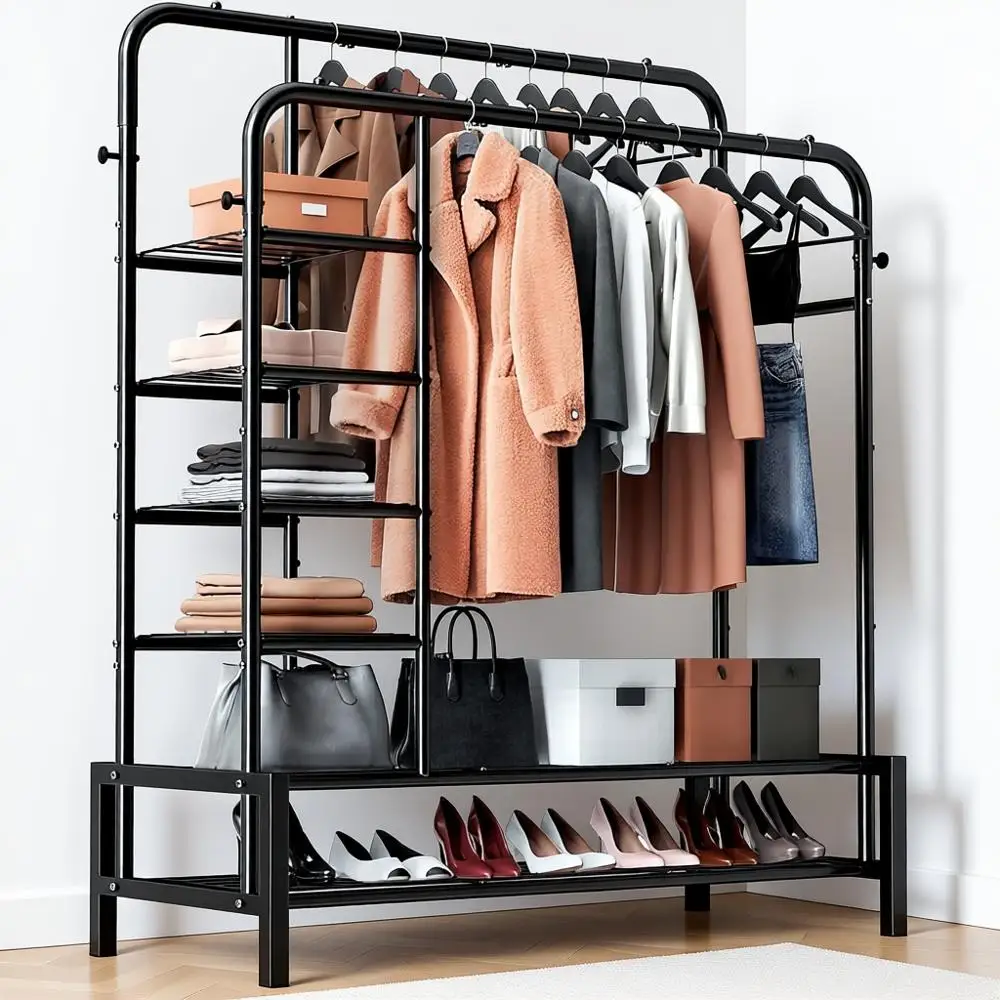 Double Rods Clothing Rack with 2 Bottom Shelves & 4 Side Shelves, Metal Garment Rack for Hanging Clothes, Heavy Duty Clothes Rac
Double Rods Clothing Rack with 2 Bottom Shelves & 4 Side Shelves, Metal Garment Rack for Hanging Clothes, Heavy Duty Clothes Rac