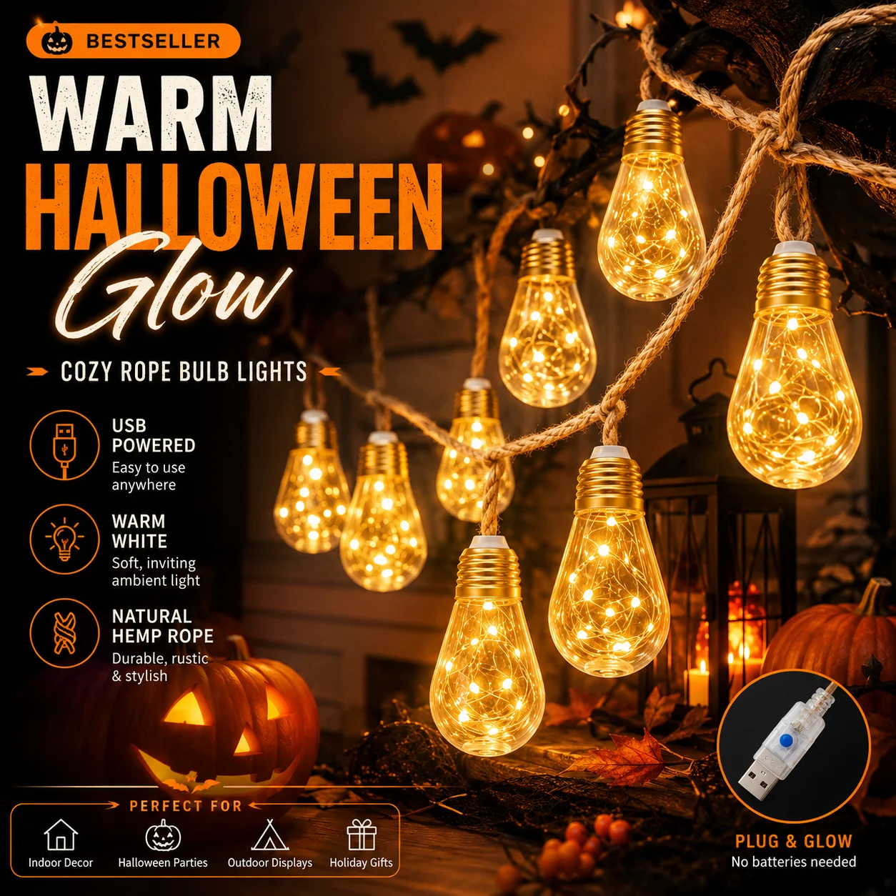 USB Hemp Rope String Lights Warm White Edison Bulb Fairy Lights for Halloween Party Bedroom Patio Holiday Decor
USB Hemp Rope String Lights Warm White Edison Bulb Fairy Lights for Halloween Party Bedroom Patio Holiday Decor