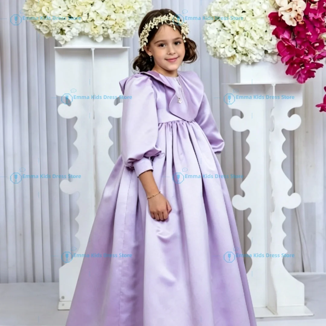 Custom light purple satin flower girl dress with hooded long puff sleeves, children's wedding and first communion party dress
Custom light purple satin flower girl dress with hooded long puff sleeves, children's wedding and first communion party dress
