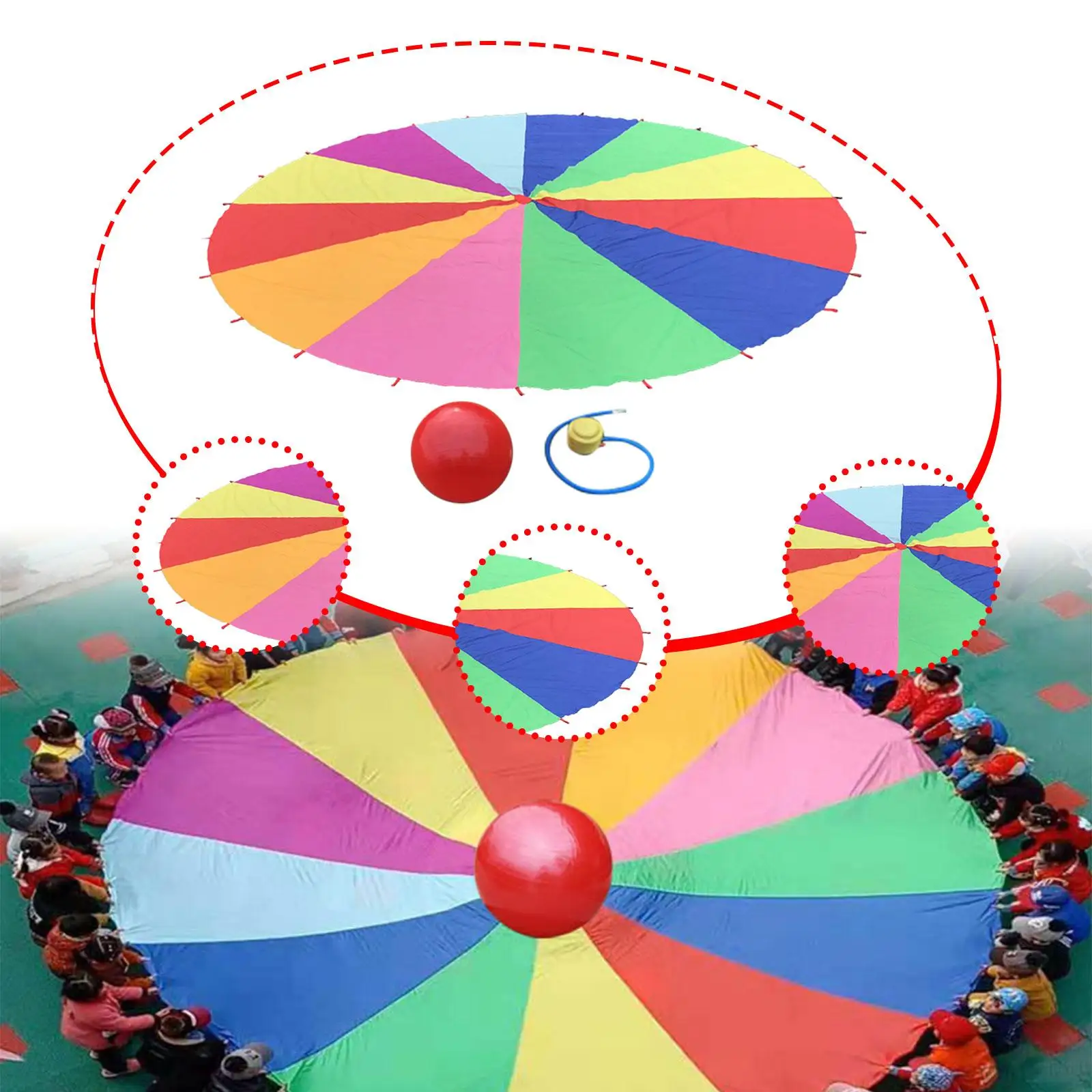Rainbow Parachute Toy Team Game Activity with Balance Ball Sensory Integration Interactive Rainbow Umbrella Beach Education Toy
Rainbow Parachute Toy Team Game Activity with Balance Ball Sensory Integration Interactive Rainbow Umbrella Beach Education Toy