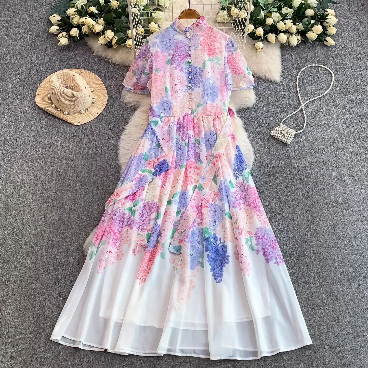 Summer Holiday Floral Print Long Robe for Women Short Sleeve Stand Collar Single Breasted Belt Lace up Elegant Vestidos
Summer Holiday Floral Print Long Robe for Women Short Sleeve Stand Collar Single Breasted Belt Lace up Elegant Vestidos