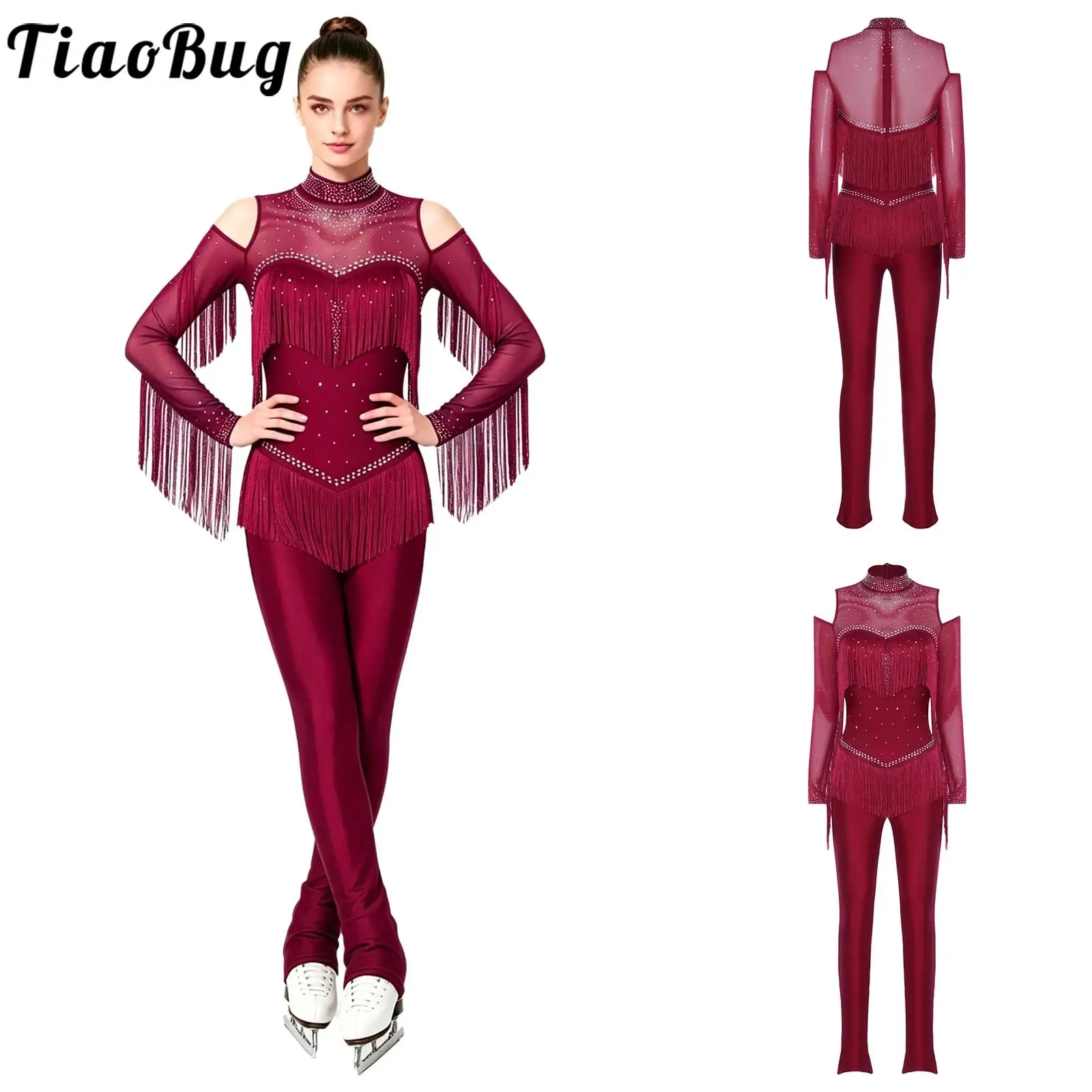 Women Rhinestones Figure Skating Mesh Jumpsuit Skating Performance Rompers Cold Shoulder Long Sleeve Tiered Tassel One-piece
Women Rhinestones Figure Skating Mesh Jumpsuit Skating Performance Rompers Cold Shoulder Long Sleeve Tiered Tassel One-piece