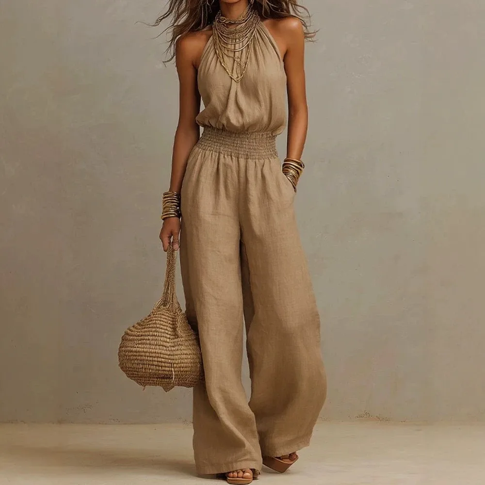 For Woman Jumpsuit Sleeveless Halter Neck Backless Romper Wide Leg Smocked Waist Mid Waist Overalls Beige Burgundy Black Woven
For Woman Jumpsuit Sleeveless Halter Neck Backless Romper Wide Leg Smocked Waist Mid Waist Overalls Beige Burgundy Black Woven