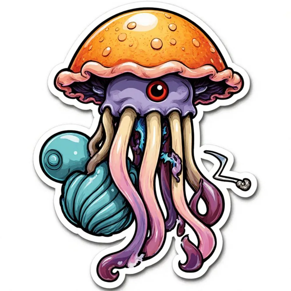 Виниловая наклейка на автомобиль: причудливая мультяшная медуза, ярко-оранжевая, с глянцевым пурпурным корпусом и грибовидной шляпкой
Виниловая наклейка на автомобиль: причудливая мультяшная медуза, ярко-оранжевая, с глянцевым пурпурным корпусом и грибовидной шляпкой