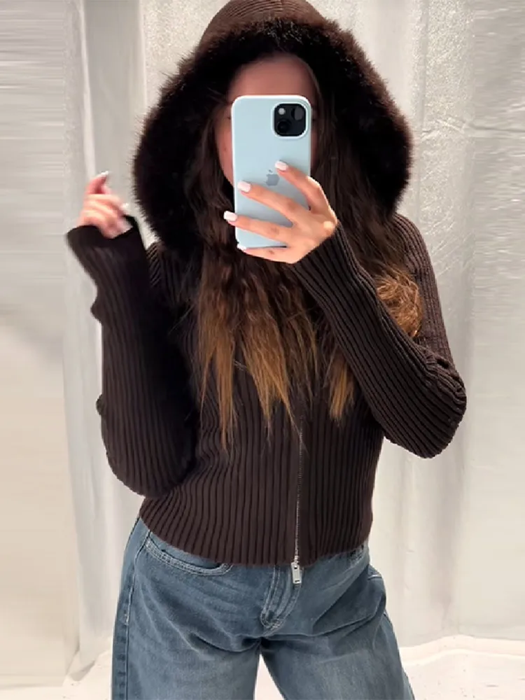 Fashion Autumn New Faux Fur Collar Top Long Sleeve Zip Up Hooded Knitting Brown Short Coat Casual Relaxed Women Street Outerwear
Fashion Autumn New Faux Fur Collar Top Long Sleeve Zip Up Hooded Knitting Brown Short Coat Casual Relaxed Women Street Outerwear