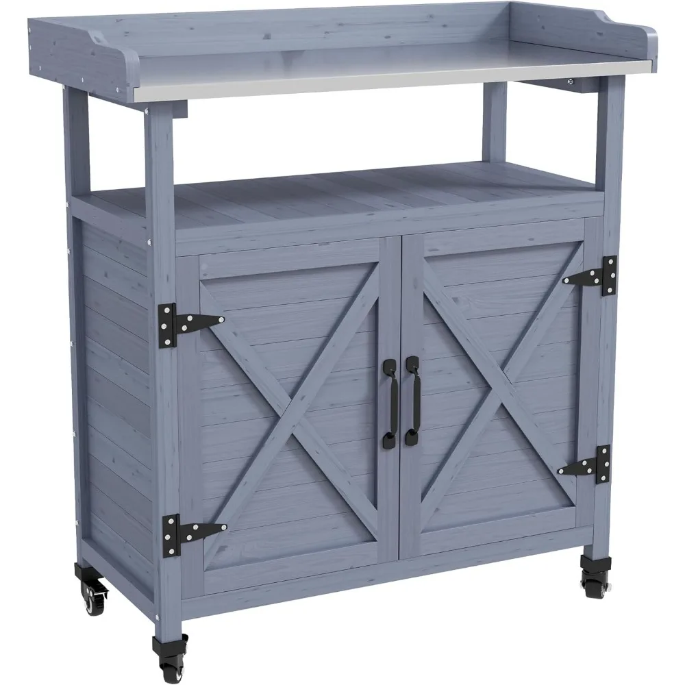 Outdoor Wooden Potting Bench Table, Garden Workstation with Storage Cabinet, Aluminum Table Top, Rubber Wheels for Backyard, Pa
Outdoor Wooden Potting Bench Table, Garden Workstation with Storage Cabinet, Aluminum Table Top, Rubber Wheels for Backyard, Pa