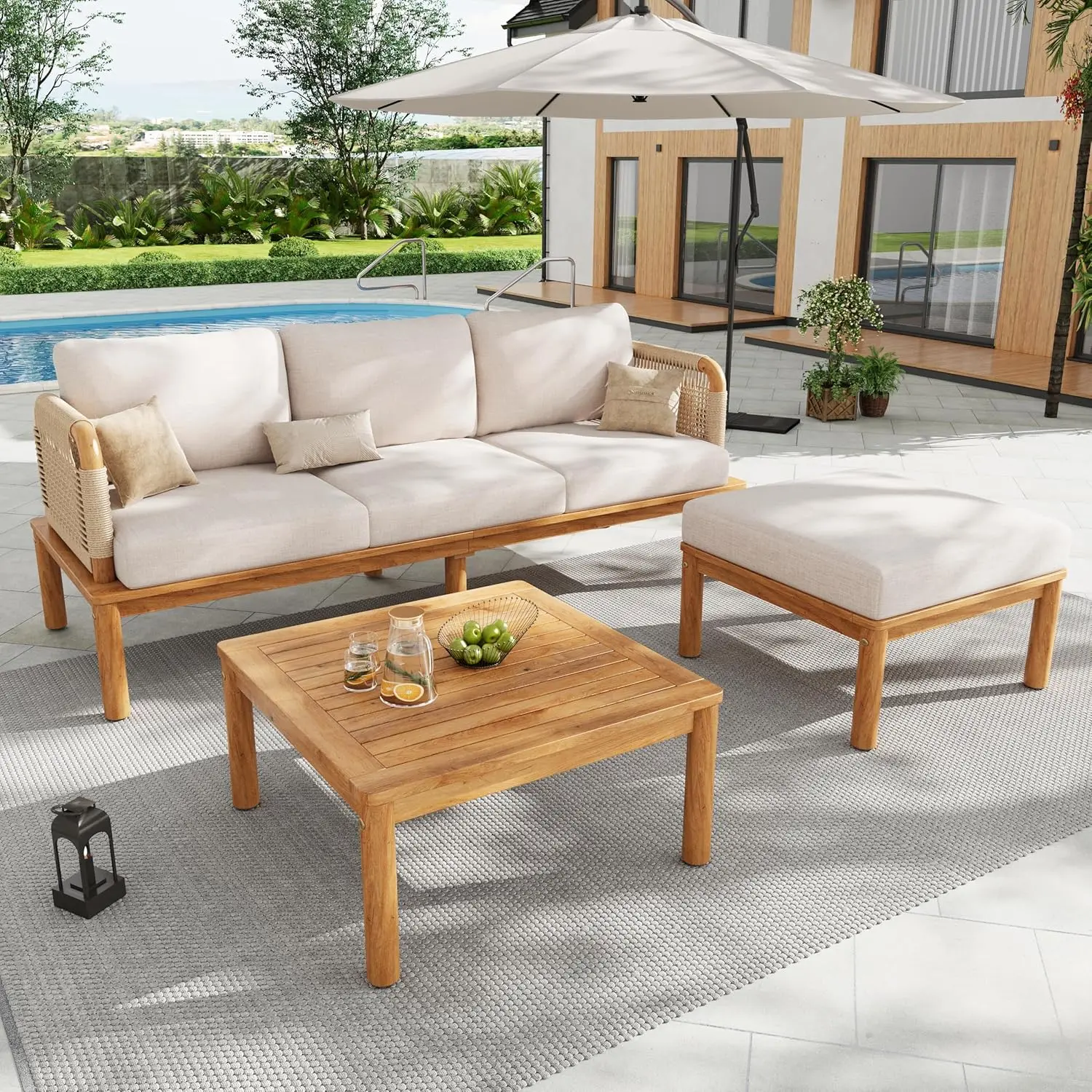 3-Piece Acacia Wood Patio Sofa Set with Coffee Table & Ottoman for Backyard Balcony, Customized
3-Piece Acacia Wood Patio Sofa Set with Coffee Table & Ottoman for Backyard Balcony, Customized
