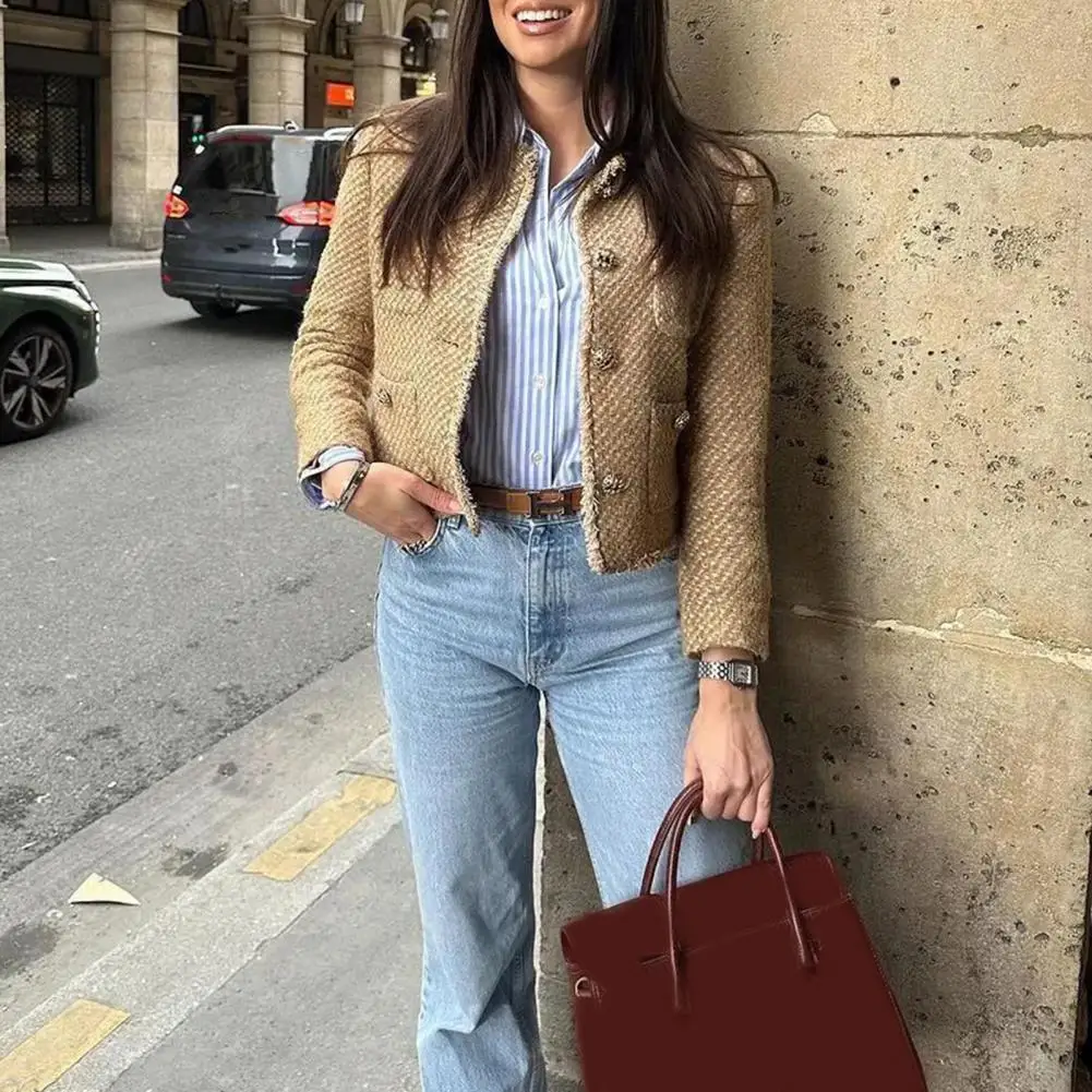 Elegant Tweed Jacket for Women Stylish Women's Tweed Jackets with Pockets for Business Casual Wear Long Sleeve Button for Spring
Elegant Tweed Jacket for Women Stylish Women's Tweed Jackets with Pockets for Business Casual Wear Long Sleeve Button for Spring