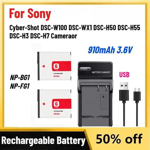 New 910mAh 3.6V NP-BG1 NP-FG1 Battery for Sony Cyber-Shot DSC-W100 DSC-WX1 DSC-H50 DSC-H55 DSC-H3 DSC-H7 Cameraor + Charger
