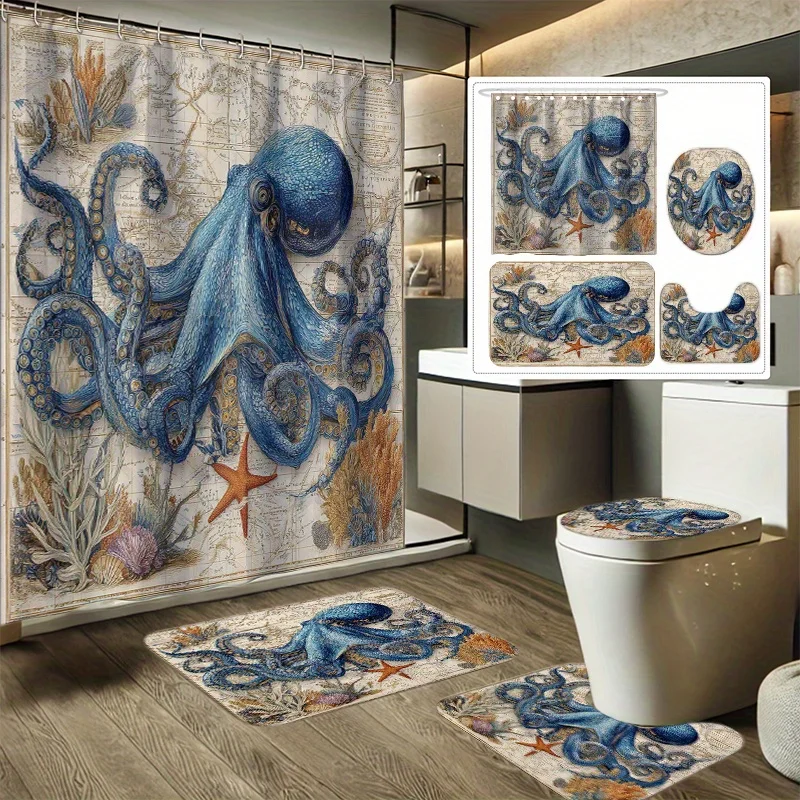 4pcsss Deep Sea Blue Octopus Набор занавесок для душа с принтом, декоративный набор для ванной комнаты включает занавеску для душа, нескользящий
4pcsss Deep Sea Blue Octopus Набор занавесок для душа с принтом, декоративный набор для ванной комнаты включает занавеску для душа, нескользящий