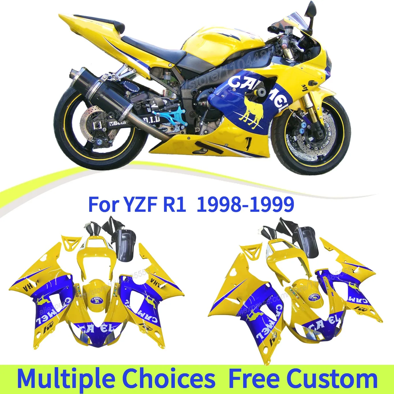 For Yamaha 1998 1999 YZFR1 YZF1000 YZF R1 YZF 1000 YZF-R1 R1 98 99 Fairings | blue yellow color | CAMEL graphic
For Yamaha 1998 1999 YZFR1 YZF1000 YZF R1 YZF 1000 YZF-R1 R1 98 99 Fairings | blue yellow color | CAMEL graphic