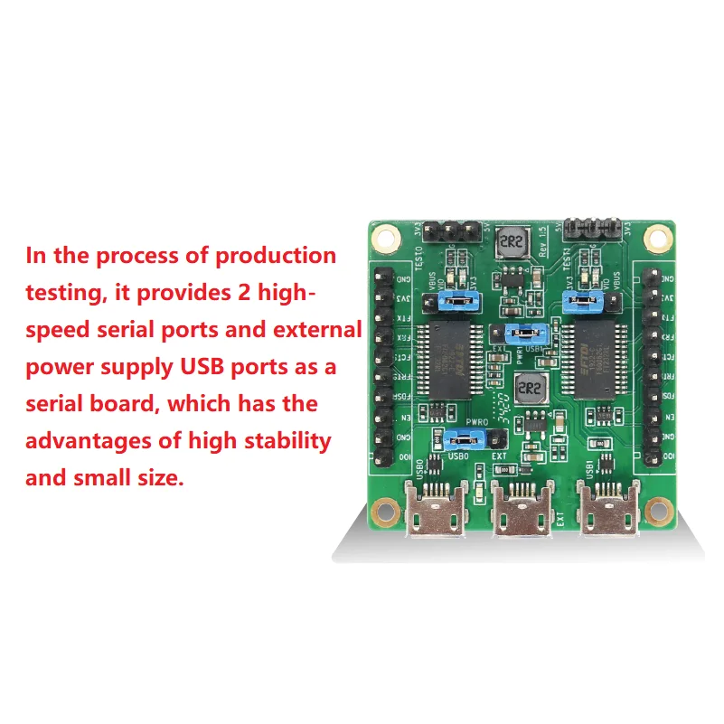 ESP-FactoryTB2, production test board, provides 2 high-speed serial ports and external power supply USB ports
ESP-FactoryTB2, production test board, provides 2 high-speed serial ports and external power supply USB ports